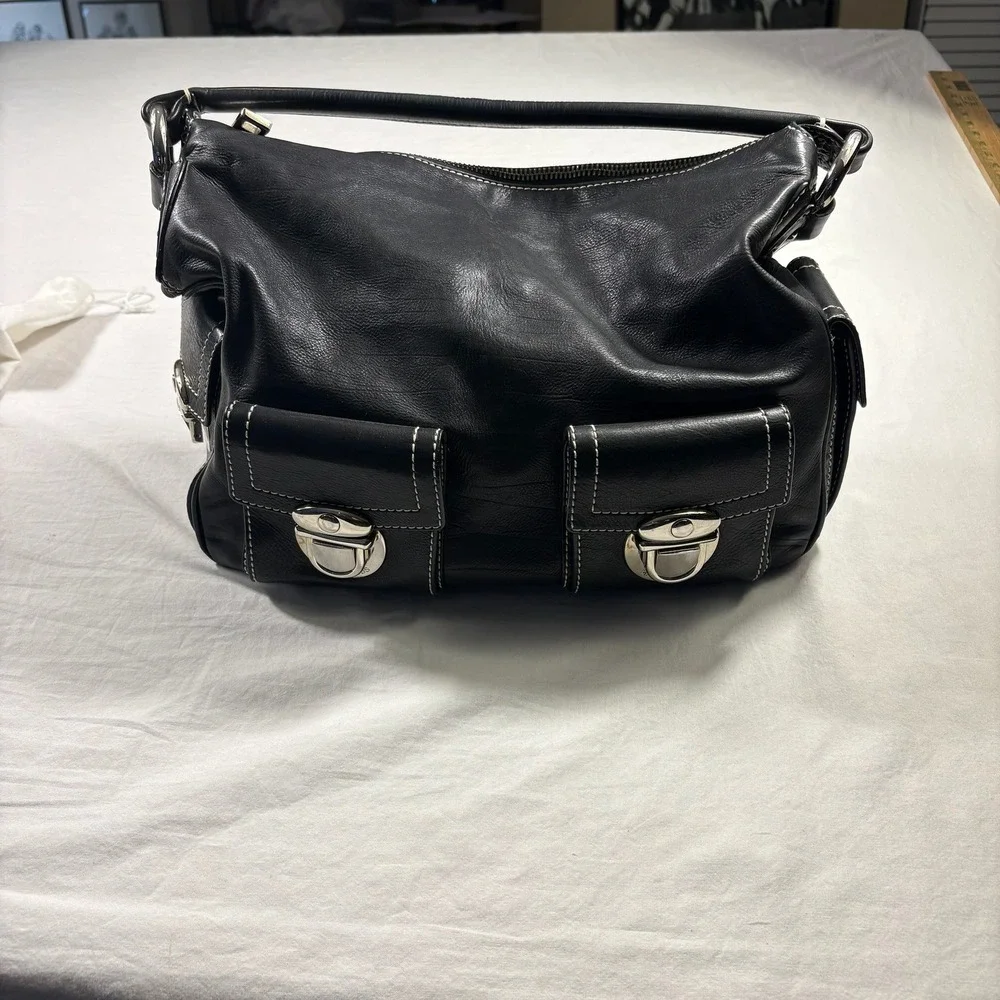 Authentic Marc Jacobs Shoulder Bag Black Pre-Owned Leather Push Lock Hobo - Picture 3 of 12